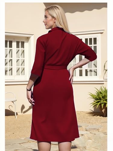 Image of Hostoyo Women's Plus Size Pleated Midi Dress Comfortable Suit Collar 3 /4 Sleeve Belted Casual Formal Work Church