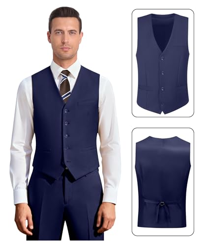 Image of Men's 3 Piece Slim Fit Suit Set, Two Button Blazer Solid Jacket Vest Pants Wedding Business Suit