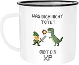 Emaille-Tasse für Nerds Gamer Spruch Was dich nicht tötet gibt dir XP Computerspiel Pixel Emaille-Bbecher MoonWorks® weiß-schwarz Emailletasse