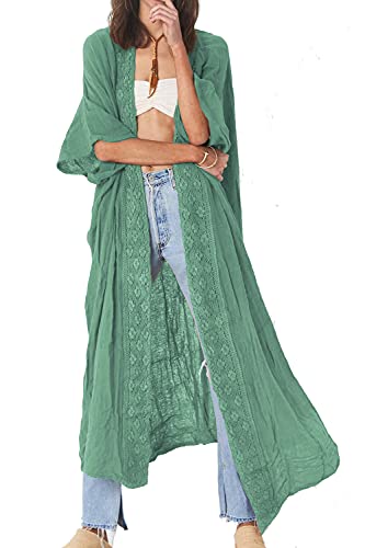 YouKD Vestido kimono largo bohemio para mujer, talla grande, cárdigan, bata de playa para cubrir traje de baño, D Verde, talla única