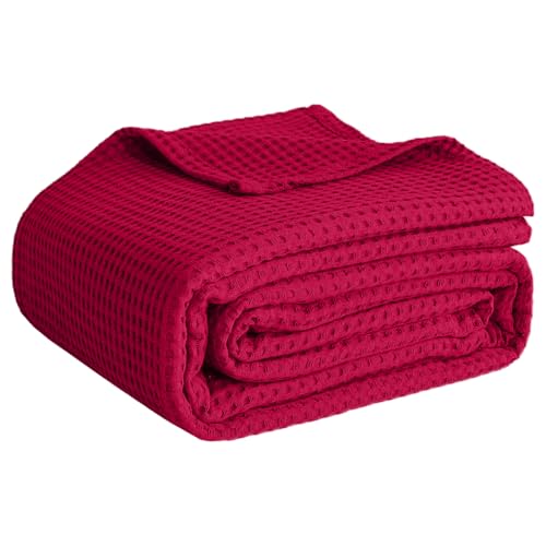 100% Cotton Blankets for Bed - Waffle Weave Blankets for Summer, Lightweight and Breathable Soft Woven Blanket for Spring (Burgandy, Twin (60" x 90"))