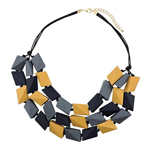 Coiris 3 Layers Big Faceted Wood Beaded Strand Statement Necklace for Women Chunky Collar (N0018-Gray Mix)