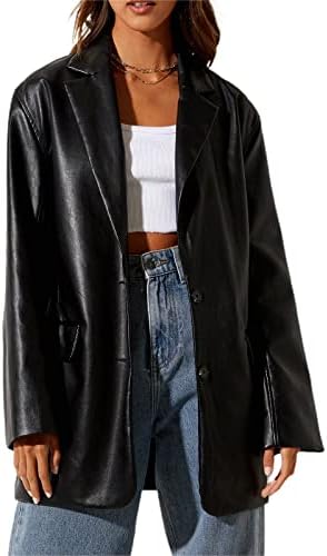 Women Faux Leather Jacket Long Sleeve Plus Size Top Blazers Button Lapel Outwears Coat (Black, S)