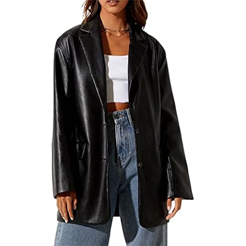 pengnight Women Faux Leather Jacket Long Sleeve Plus Size Top Blazers Button Lapel Outwears Coat (Black, S) Cover