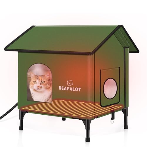 REAPALOT Heated Cat House for Outside Cat in Winter, Insulated Outdoor Feral Cat Shelter with Cat Heating Pad, Elevated Heated Kitty House for Multiple Cats (Green, M(20"x17.5"x23.6"))