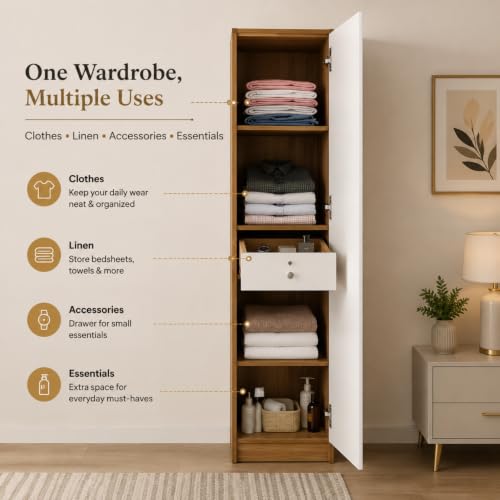 Image of Echo Multipurpose 1-Door Wardrobe | Engineered Wood | 4 Spacious Shelves & Drawer | Lyon Teak & White Finish | Compact & Durable | Easy Knock-Down Assembly