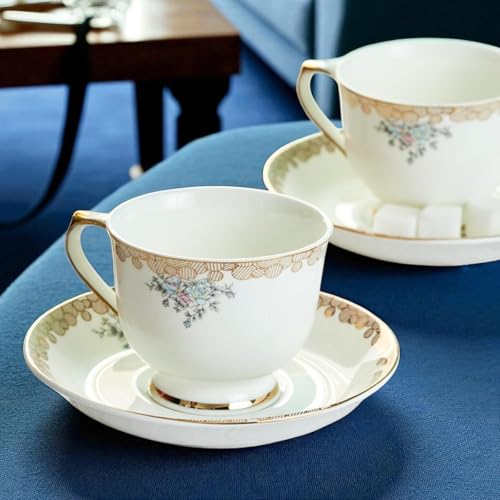 Image of Fine Bone China White Gold Cups and Saucer with Golden Line, 180 ml Tea Cup Set of 6 Cup and Saucer Set for Tea Milk & Coffee Chai, Teacup Set