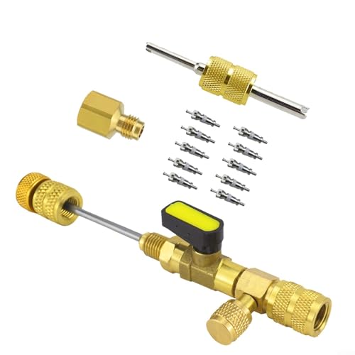 Yuanpgky Herramienta de instalación de extracción de núcleo de válvula para sistemas de CA HVAC con adaptadores de latón SAE de doble tamaño de 1/4 y 5/16 pulgadas compatibles con R12 R22 R404 R407