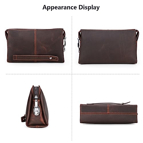 Men's Genuine Leather Handbag Travel Clutch with Wristband, Retro Phone Zipper Pouch Wallet, Large Capacity Business Organizer, Crazy Horse Cow Leather Hand Bag Wristlet Purse for Work Travel Coffee2