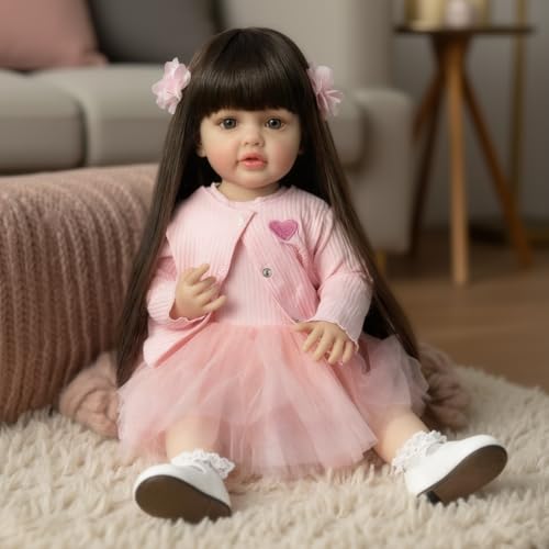 Pinky Reborn Lovely 22inch 55cm Reborn Baby Dolls Vinyl Full Body Silicone Girl Realistic Anatomically Correct Real Girl,Handmade Lifelike Awake Eyes,Multicolor Gift for Child