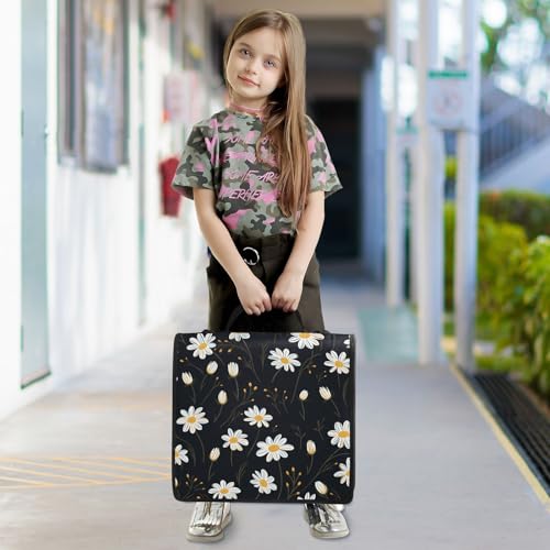 Image of Custom 3 Ring Zipper Binder White Daisy Flower Black Personalized Name 1.5 Inch Binders Large Capacity Multi Pockets for School Office Supplies