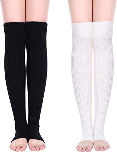 Blulu 2 Pairs Women Leg Warmers Long Footless Socks Knit Winter Stockings for Dance, Yoga and Ballet, Black (Black, Black) (Black, White)