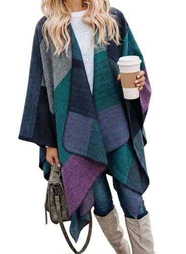 Image of Bestshe Women's Boho Open Front Poncho Plaid Shawl Wrap Cape | Tassel Cardigan Sweater, Cozy Layering, Fall Winter Clothes for Women