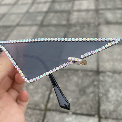 Fashion Diamond Cat Eye Sunglasses for Women Rimless Rhinestone Sun Glasses Oversized Triangle Vintage bling Eyewear (black)3