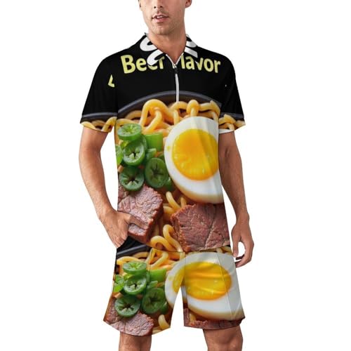 Mens Summer Track Suits 2 Piece Shorts Sets Ramen Noodle Soup Beef Flavor Short Sleeve Sweatsuit Outfits 1/4 Zip Golf Polo Shirts Loungewear