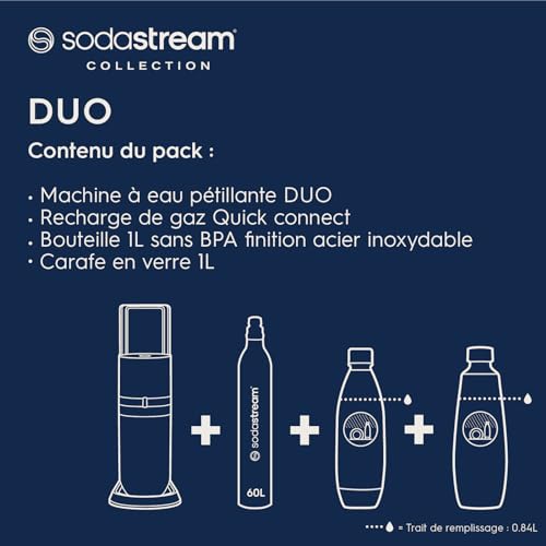 Sodastream Duo Sprudelwasser und Soda Maschine für Glaskanne | 1 Stück Glaskrug 1L + 1 Flasche 1L Edelstahl Finish Geschirrspüler + 1 60L Gas Nachfüllclip | Schwarz