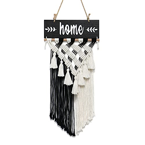 Weldomcor Makramee Wandbehang mit 3D Home Schriftplakette, 60cm × 30 cm Boho Kreuz Quasten Gwebe Wandteppich, Moderner Wanddeko für Haustür, Schlafzimmer, Wohnzimmer, Kinderzimmer (Schwarz)