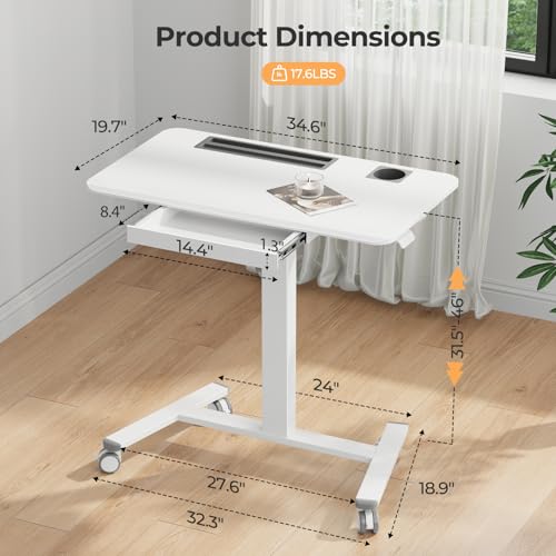Image of Mobile Standing Desk with Drawer, 35 inch Small Standing Desk with Cup Holder, Rolling Laptop Desk on Wheels, Height Adjustable Desk with Storage for Home Office, White