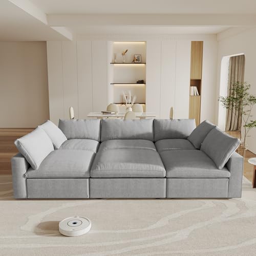 Image of Modular Sectional Sofa Couches for Living Room,160inch Linen Cloud Couch with Storage Ottoman, Oversized U Shaped 6 Seater Convertible Sleeper Sofa Chaise,Gray