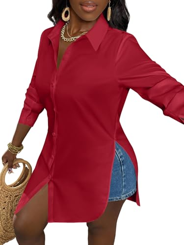 Image of LYANER Women's Collar Neck Long Sleeve Button Down Shirts Sexy Split Hem Tops Long Blouse Shirt Dress