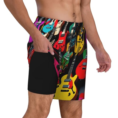 Men's Colorful Guitar Print Quick-Dry Mesh Swim Trunks Stretch Lining Beach Shorts Surfing Summer Vacations