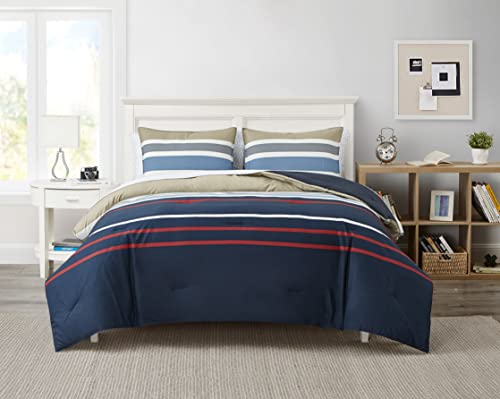 Nautica - Queen Comforter Set, Cotton Bedding with Matching Shams, Striped Home Decor (Bradford Navy/Beige, Queen) by Nautica - Used condition - US$48.73