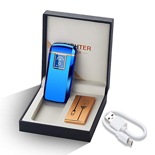 Lighters Dual Arc Lighter Windproof Plasma Lighter USB Rechargeable Lighters Flameless Electronic Lighter with LED Display for Cigarettes Candles Fireworks (Blue)