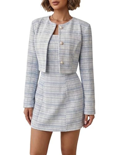 Image of SOLY HUX Women's 2 Piece Outfits Plaid Long Sleeve Button Down Cropped Jacket and Sleeveless Mini Dress Sets