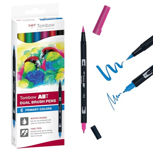 Tombow ABT-6C-1 Lot de 6 Feutres pinceau à 2 pointes couleurs primaires pour le dessin