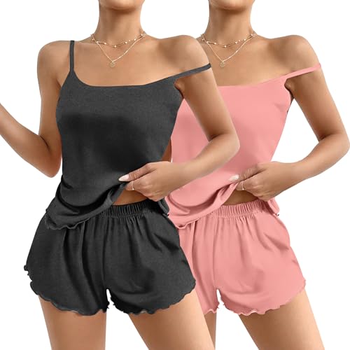 Image of Ekouaer 2 Pack Womens Cami Pajama Sets Cute Print Tank Top Pjs and Shorts Camisole Lounge Set