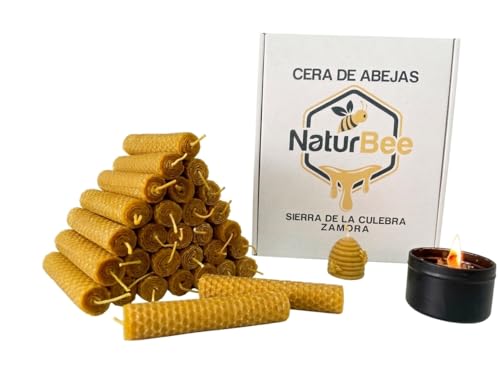 Velas de Miel de Abeja.Natural 100% Velas de Cera de Abeja. Pura (Pack de 30 Velas,11,5 cm x 1 cm) SIN PARAFINA 100% artesanal,Origen ESPAÑA en la Sierra de La Culebra y Sanabria (Zamora)