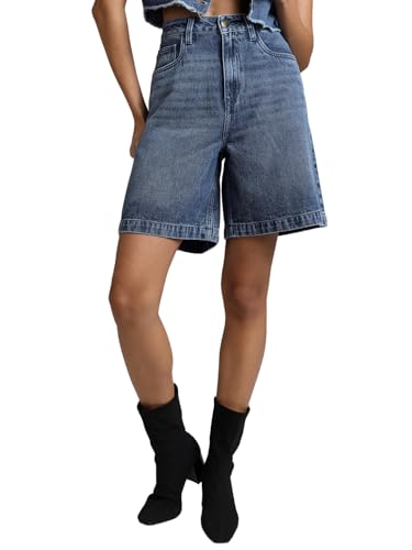 Image of Tokyo Talkies Women Blue High Rise Cotton Denim Shorts