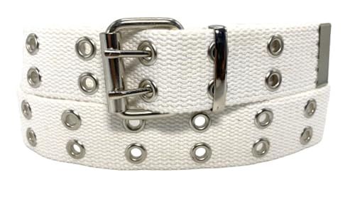 Women's & Men's Double Grommet Canvas Genuine Leather Web Eyelet Belt, 2 Hole Jeans Belt