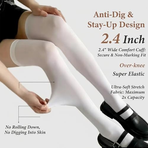 Image of Women's White Thigh High Socks - Opaque Over the Knee High Stockings with Anti-Slip Silicone Band, Soft Velvet Elastic Long Socks for Lolita, Cosplay & Daily Wear