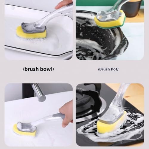 Image of The Pot Brush with Green and Yellow Washing Pads Does not Damage The Pot Handle and can be Used to add Liquid, Brush The Bowl, and Brush The Stove