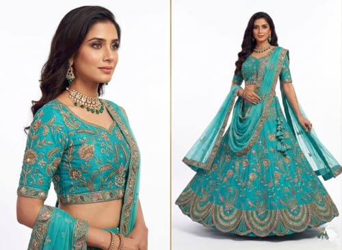 Image of Women's Firozi Georgette Embroidered Lehenga Choli with Dupatta, Heavy Floral Embroidery, Zari Work, Bridal Wear