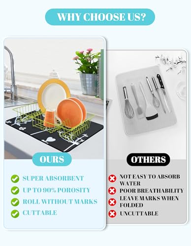 Image of Dish Drying Mat for Kitchen Counter, 12 inchx19 inch Rubber Backed (Gray Daisy)