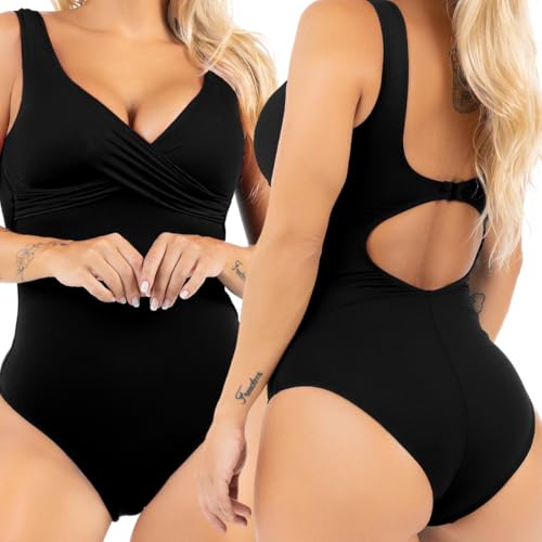 Maiô Feminino Moda Praia Body Transpassado Bicolor Afina Silhueta Com Bojo Alta Sustentação Malha Po