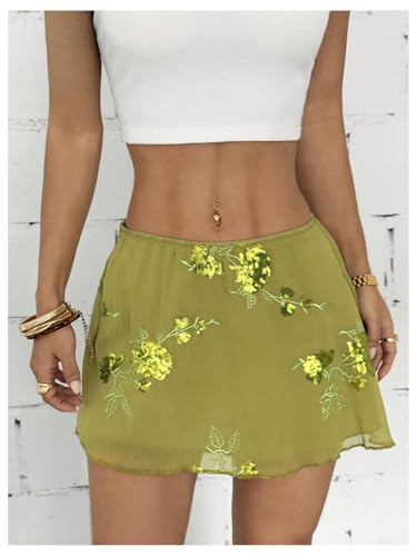 Milumia Women's Floral Embroidery Mesh Mini Skirt Low Waisted Flared A Line Summer Skirts4