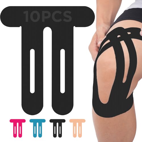 OK TAPE Nylon Kinesiology Tape for Knee 10 Pcs Stretchable on Four Sides Precut Strips Athletic Tape for Knee Support & Stability Breathable and Hypoallergenic Black