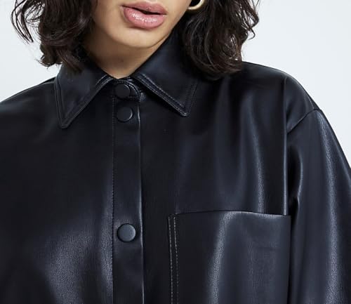 Faux Leather Shirt Women Loose Fit Short Sleeve PU Leather Button Down Crop Shirt with Pocket4