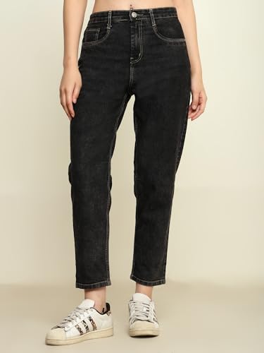 Image of Zayla Women's Mom Fit Cloud Wash Jeans I Full-Length Denim Stretchable High Waist Pant with Curved Pocket I Clean Solid Loose Fit Pants I for Everyday Office Party Girls