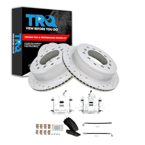 Image of TRQ Performance Rear Brake Pad and Rotor Set Ceramic Slotted Drilled Calipers Compatible with 2010-2014 Toyota FJ Cruiser