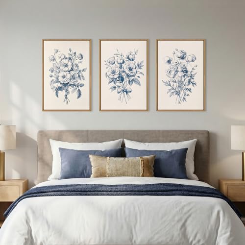 Image of KAIRNE Navy Blue Floral Framed Canvas Wall Art Set,Vintage Botanical Flower Wall Decor,Modern Minimalist Bouquet Art Prints,Neutral Rose Artwork for Living Room,Bedroom,Farmhouse,Office-24 x36 x3