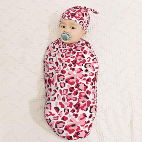 Image of Leopard Print Pink Newborn Swaddle Blankets Hat Sets Soft Baby Receiving Blanket Swaddle Sack for Baby Shower Infant Boy Girl Gift