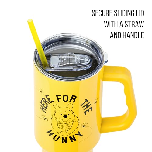 Image of Silver Buffalo Disney Winnie the Pooh inchHere for the Hunny inch Double Walled Stainless Steel Tumbler with Handle and Straw, Fits in Standard Cup Holder, 40 Ounces