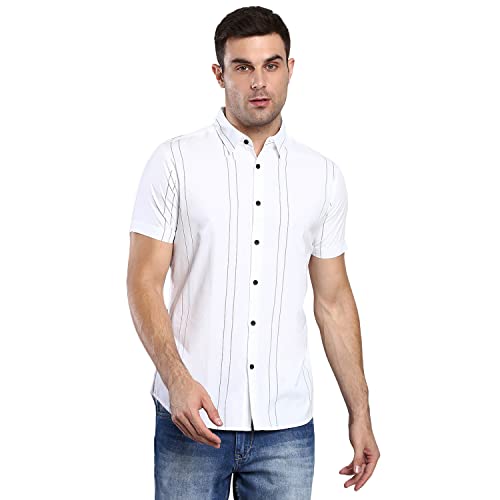 Image of Dennis Lingo Men's Striped Slim Fit Cotton Casual Shirt with Spread Collar & Half Sleeves