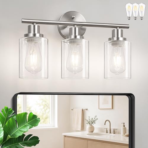 Image of Unicozin Modern Bathroom Light Fixtures, 3 Light Vanity Lights with E26 Bulbs, Brushed Nickel Wall Lamp with Clear Glass for Mirror Living Room Hallway Cabinet Porch