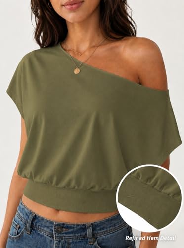 Image of SOFIA'S CHOICE Women's Off The Shoulder T Shirt Crop Top Casual Summer Dolman Sleeve Asymmetrical Cinched Waist Tops