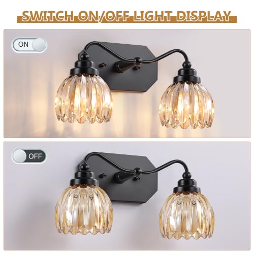 Image of Vintage Vanity Lights, 2‑Light Antique Matte Black Finish | Amber Tulip Crystal Bathroom Light Fixtures, Mid‑Century Style, Bathroom Lighting Over Mirror for Bedroom, Easy to Install